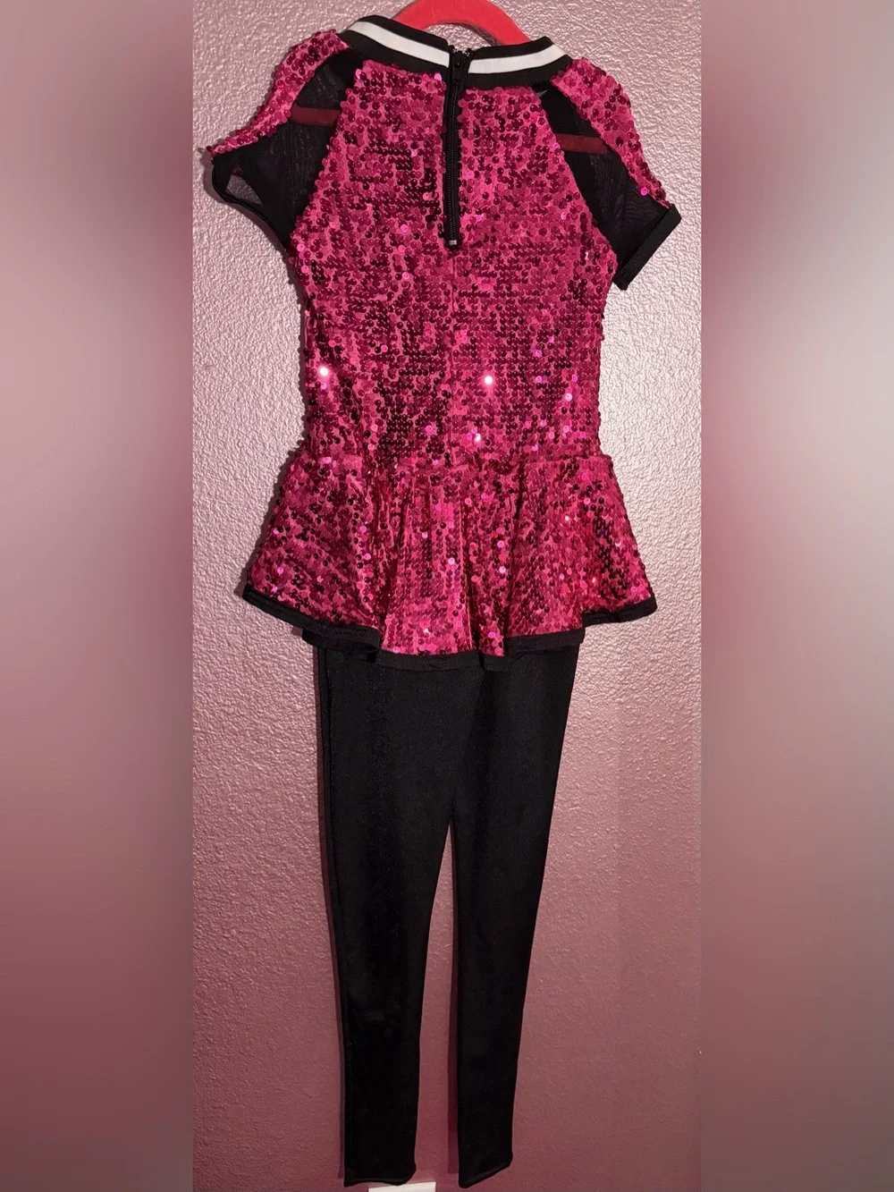 Weissman Hot Pink Sequin Peplum Top with Black Leggings